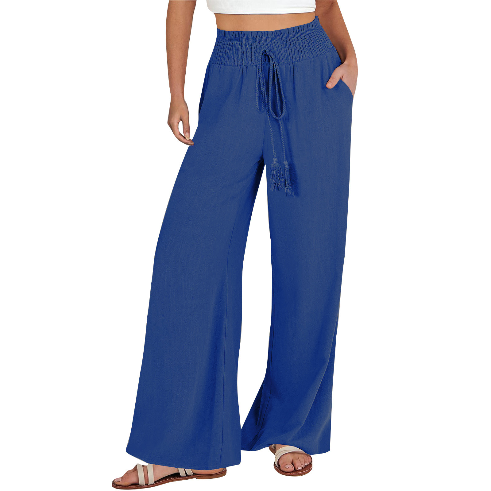 thumbnail image 1 of Pantalones palazzo anchos para mujer - Cintura elástica con cordón, poliéster ligero, ropa informal de playa, para todas las estaciones, tallas S-XXXL, cintura 60-114 cm, corte holgado, 1 of 5
